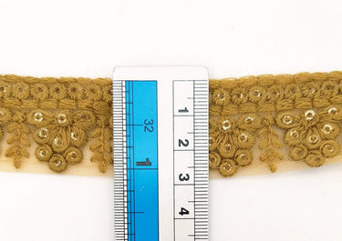 Brown Net Lace Trim With Floral Embroidery And Gold Sequins, Sequinned Trim, Wedding Trim Bridal Trim